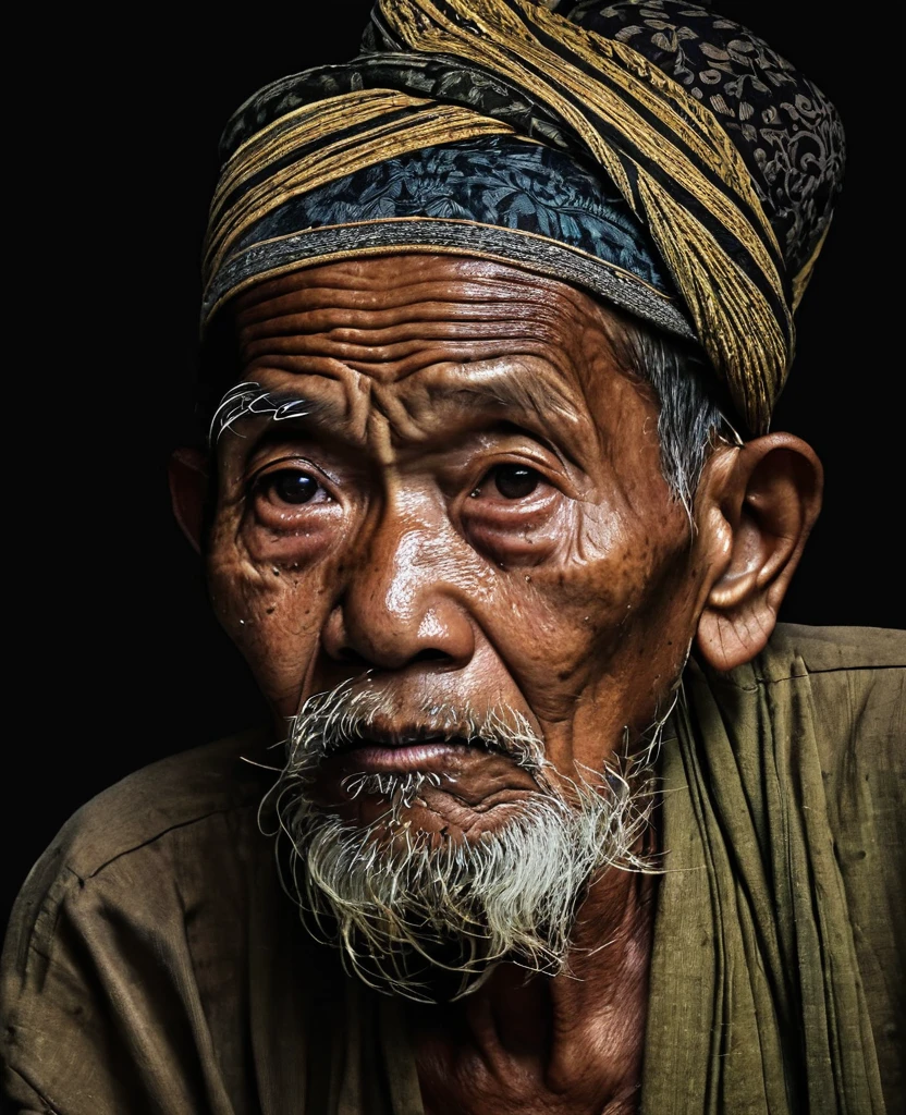 An image of a very tired javanese old man, black background settings, highly details The facial expression reflects wisdoms and test of time. (Masterpiece), UHD, ((Highly details))