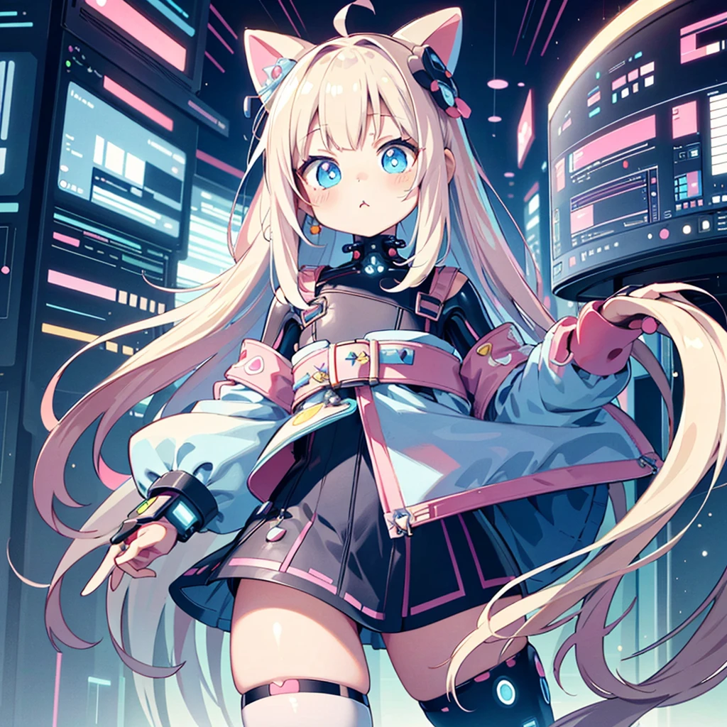 (Kawaii Character:1.4),
Cyber Princess,
She is immersed in cyber networks,
(Special effects),
masterpiece, Highest quality,
Clear images, Clear images, Clear images, Unrealistic image,
Highly detailed background,kawaii tech,