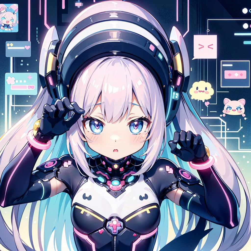 (Kawaii Character:1.4),
Cyber Princess,
She is immersed in cyber networks,
(Special effects),
masterpiece, Highest quality,
Clear images, Clear images, Clear images, Unrealistic image,
Highly detailed background,kawaii tech,