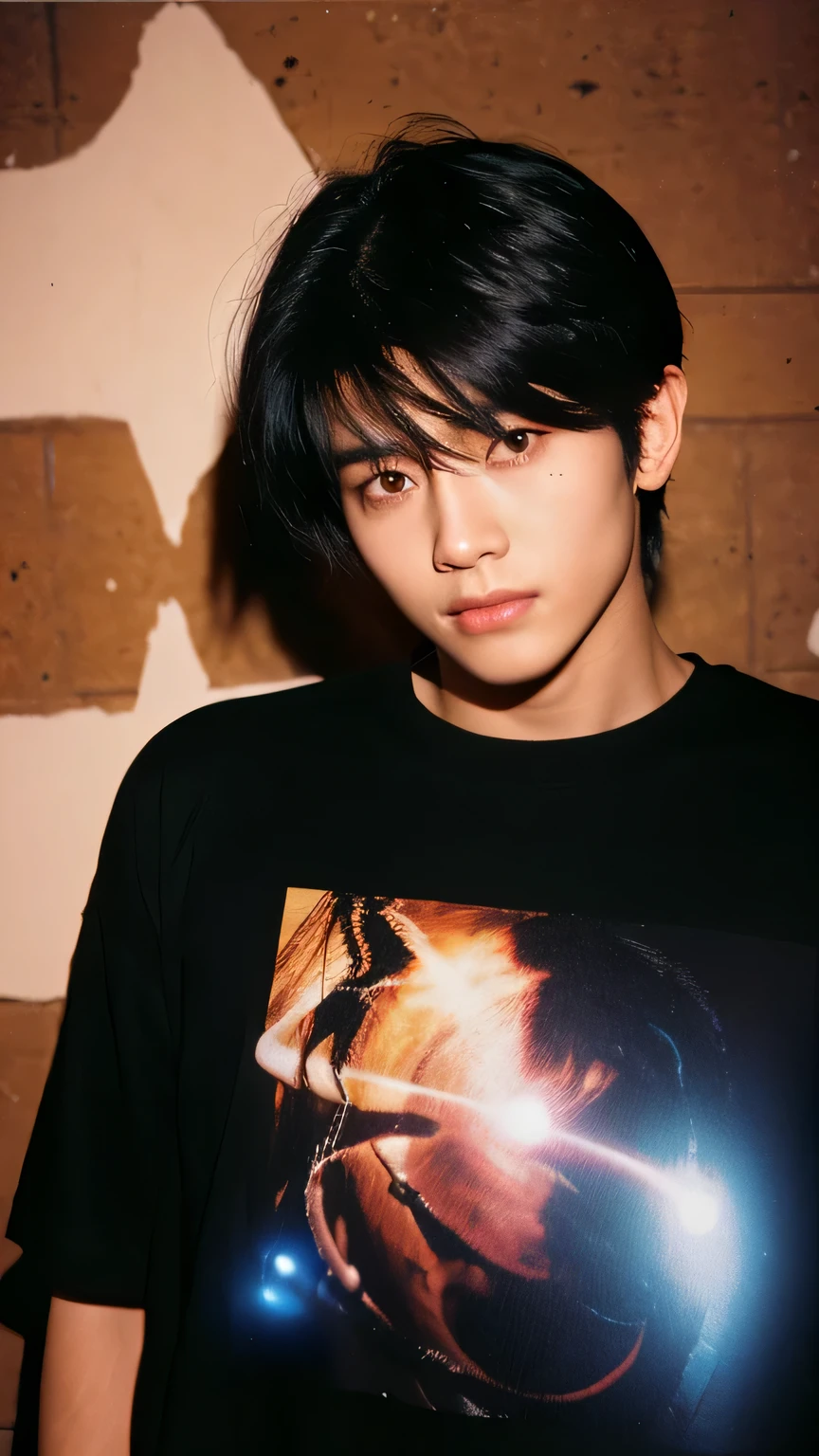 (Highly realistic photos, concentrate、High resolution, Detailed face, Detailed Hair,fine grain), ((Shooting in front of a wall))、Japanese men, 21 years old, One boy,Only one person is in the photo、Natural look、Street Clothing Upper Body Portrait,masterpiece,  good looking,View the viewer, 176cm tall, slim build, sharp eyes, he has long black hair with bangs down, active and energetic. Always positive, he inspires those around him. He is a hard worker and is enthusiastic about practice.,Stage makeup, Fair skin, Broad shoulders:1.5, Highlighting the vibrancy of Tokyo's nightlife, vibrant lighting against a dark background, natural pose, this intense neon lighting creates dynamic and colorful shadows on his face --ar 3:4 --style raw --stylized 250,