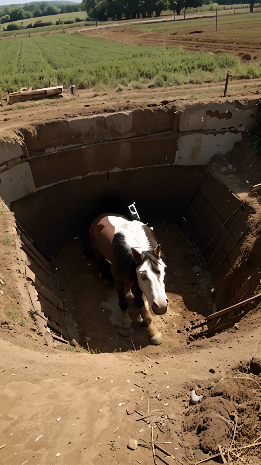One day a young horse fell into a deep pit while working in the field. Cartoon
