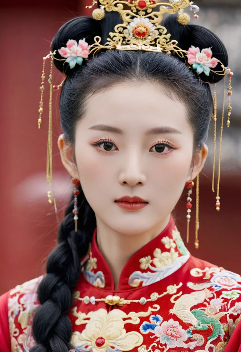 Full frontal view of 25 year old empress of the Qing Dynasty, hairy pussy with red Chinese dress floral embroidery on her shoulders, waistcoat removed, naked.　
Large breasts with large nipples, nude. Qing dynasty woman in Chinese drama wearing crown of empress of Duji China, hair parted left and right from center of forehead, tied back, hair tied up with ornamental hair, outside background of Qing dynasty Chinese palace.