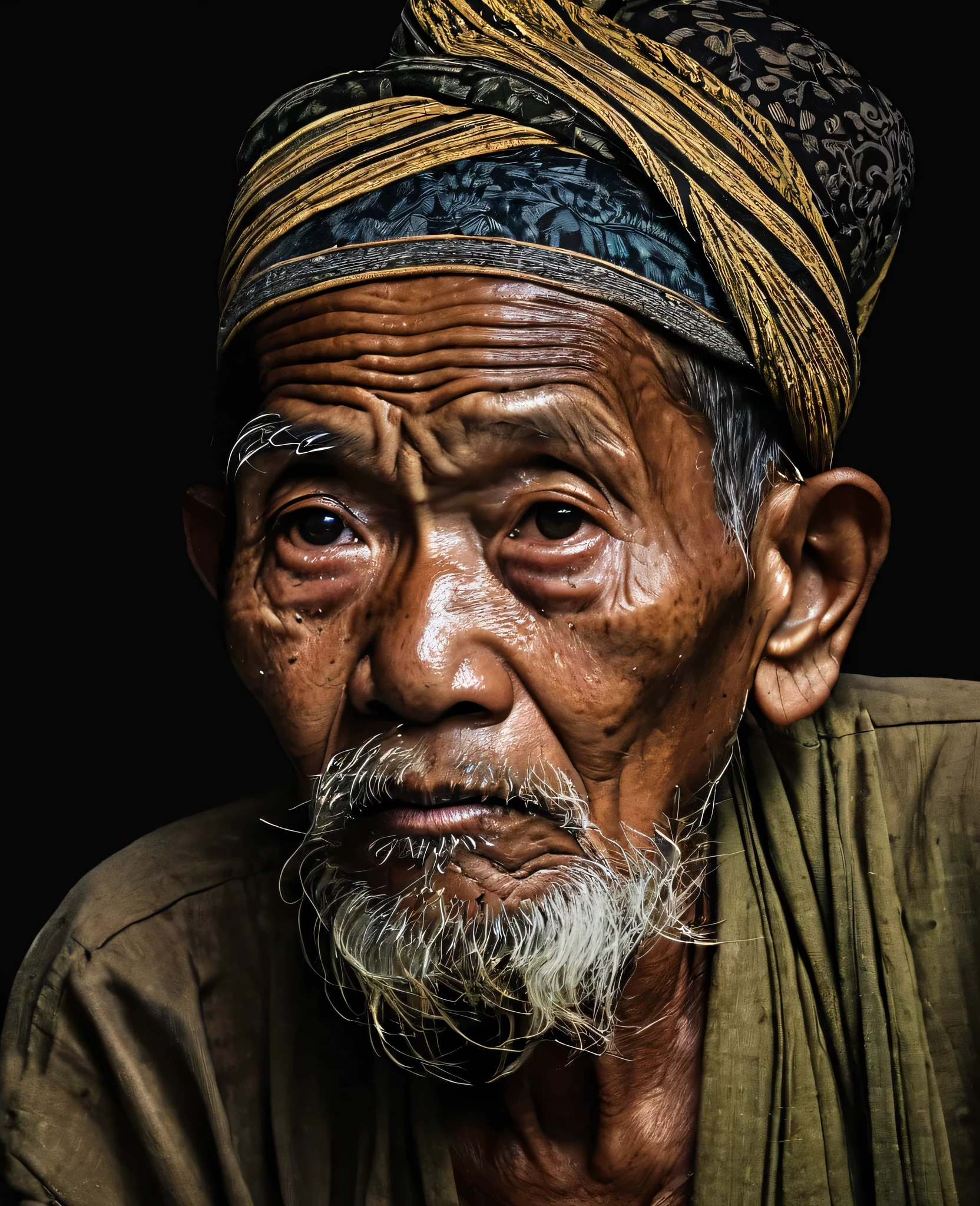 An image of a very tired javanese old man, black background settings, highly details The expression reflects wisdoms and test of time. (Masterpiece), UHD, ((Highly details))