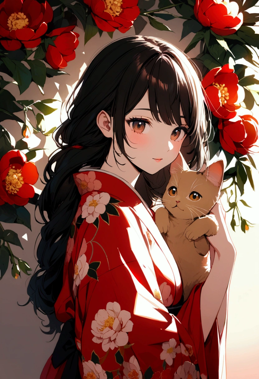 A girl in her 20s wearing a red floral kimono is holding a brown kitten Her hair is a black bob. Gorgeous peony flowers in the background