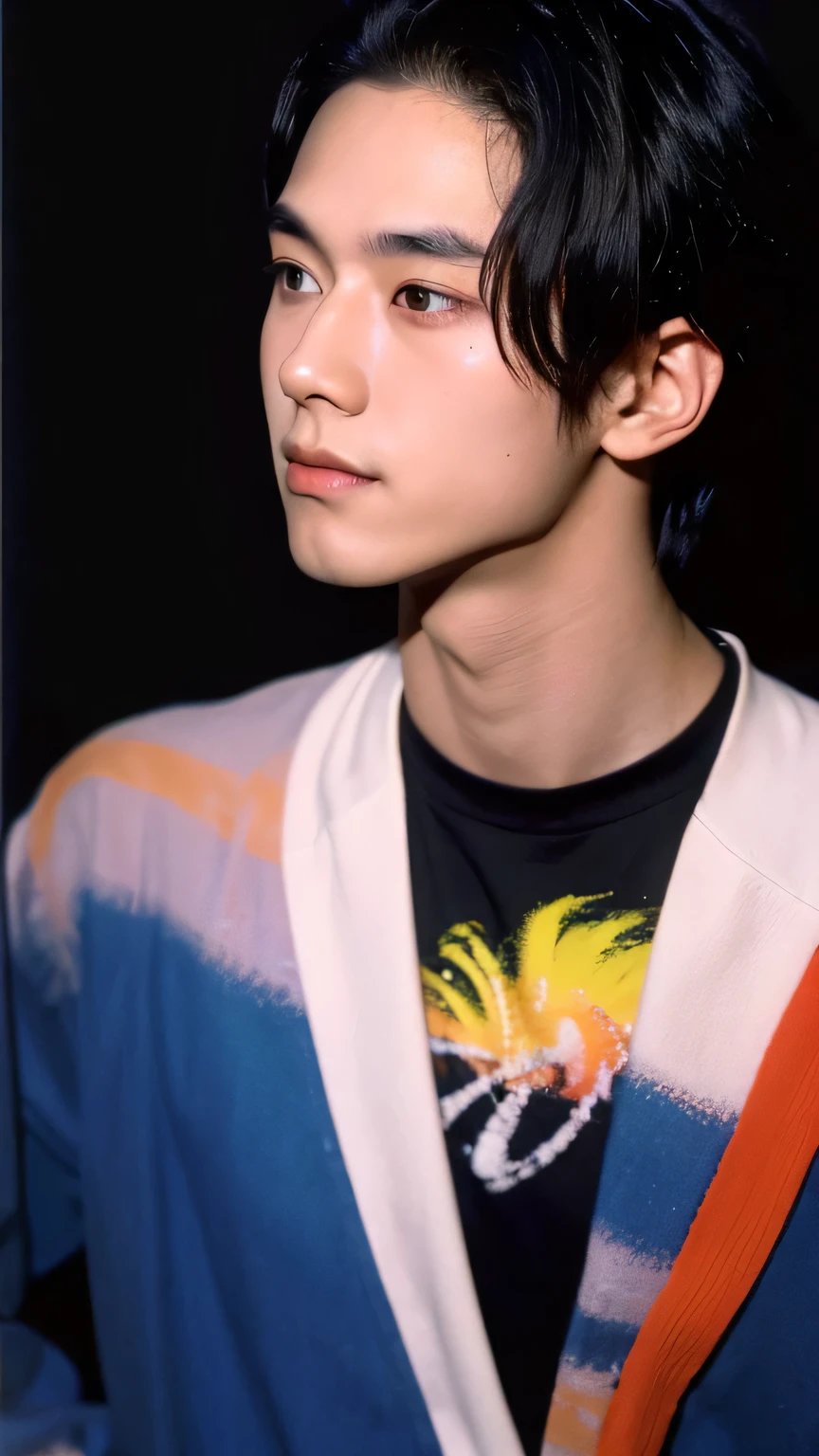 (Highly realistic photos, concentrate、High resolution, Detailed face, Detailed Hair,fine grain), ((Shooting in front of a wall))、Japanese men, 21 years old, One boy,Only one person is in the photo、Natural look、Street Clothing Upper Body Portrait,masterpiece, good looking,View the viewer, 176cm tall, slim build, sharp eyes, he has long black hair with bangs down, active and energetic. Always positive, he inspires those around him. He is a hard worker and is enthusiastic about practice.,Stage makeup, Fair skin, Broad shoulders:1.5, Highlighting the vibrancy of Tokyo's nightlife, vibrant lighting against a dark background, natural pose, this intense neon lighting creates dynamic and colorful shadows on his face --ar 3:4 --style raw --stylized 250,