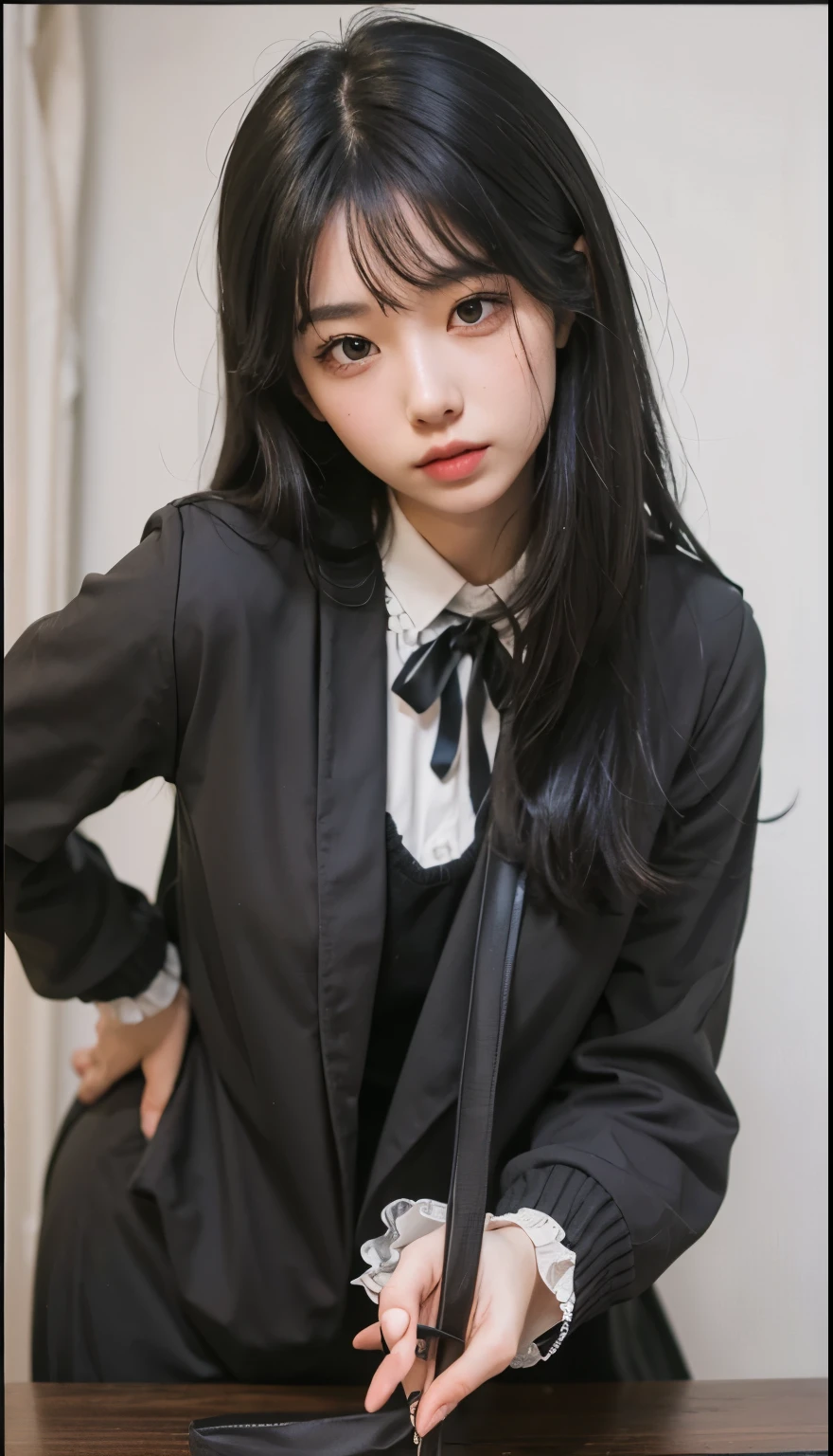best quality,masterpiece,highres , 1girl , solo, black hair, long hair, ( grey eyes 2.1 ) 