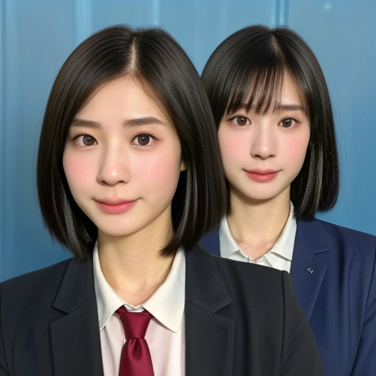 (kawaii 18 year-old Japanese girl, Nogizaka idol, Korean idol, high), healthy female athlete body, (glossy black hair, very short hair, pixie cut, bangs:1.3), (rounded face, beautiful black eyes, single eyelid, no makeup, no expression:1.2), (wearing suit jacket, collared shirt, necktie:1.3), extra small breasts, (looking at viewer:1.2), BREAK, (simple blue background, yearbook background:1.3), (portrait, id photo, bust shot, view from vertically straight forward:1.3), BREAK, (masterpiece, best quality, photo realistic, official art:1.4), (UHD, 8K quality wallpaper, high resolution, raw photo, golden ratio:1.3), (shiny skin), professional lighting, physically based rendering, award winning, (highly detailed skin, extremely detailed face and eyes), Carl Zeiss 85 mm F/1.4, depth of field, 1girl, solo,