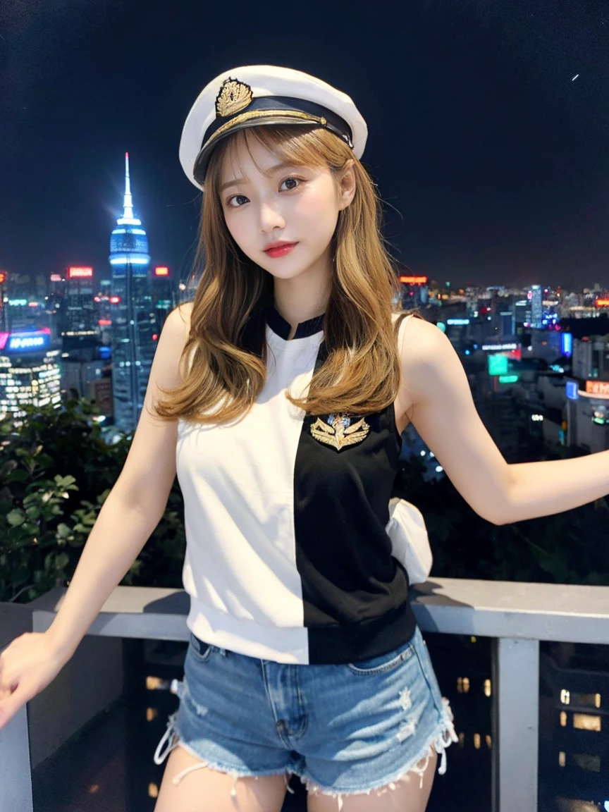 最high quality, masterpiece, 32K、Very detailed、Realistic、1 girl, Japanese women、Cute Face, (photo Actual:1.3),Medium Hair(Blonde Hair Color、Great brown hairstyles)、Edge lighting, (Skin with attention to detail:1.2), 8k超High resolution, Single-lens reflex camera, high quality, High resolution, 4K, 8k, Optimal ratio of four fingers to one thumb, (Actual:1.3), cute 1 girl, Realistic、Super Realistic、32K、Very detailed、masterpiece, 最high quality, beautiful girl, beauty、Mecha, Beautiful lighting, (Neon Light:1.2), (night:1.5), K-Pop Idol Costumes、Sleeveless outfit、Shorts(Jersey Fabric)、Large Breasts(big 、There is a valley)、Black concert T-shirt of a rock band、White and gold cap(military uniform hat)、Are standing、Cyber Neon、Future City、Skyscraper、都会のnight、Shanghai、big cities、night景、綺麗なnight景