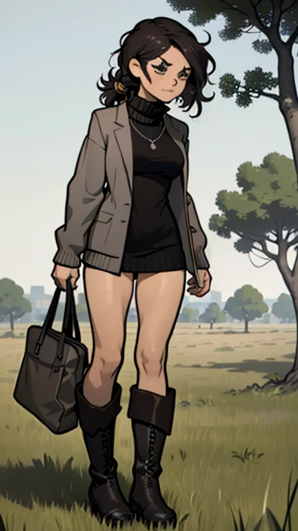 (detailed), (((normal girl))), (Arabic characteristics), ((gray wool jacket)), ((pelo negro rizado free hair)), ((free hair)), (calm face), ((by the width)), ((Brown boots)), (((whole body))), ((in the middle of a field leaning on a tree), ((woman)), (gray turtleneck sweater), ((only one person)), (at midday)