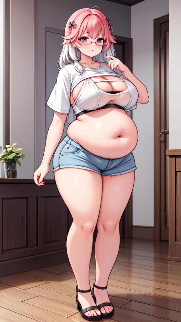 (masterpiece, best quality, highly detailed), 1girls, big belly, huge belly, art by kipteitei, round belly, chubby, curvy, belly grab, enormous belly, fat belly, thicc, bigger belly, really big belly, jiggly belly, shirt covering belly, belly cover by shirt, glasses, no shirt, bra, thight shorts, ((full body)), long hair