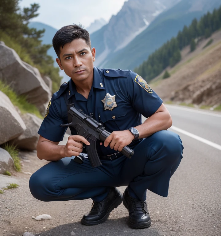 40 years old,One Man,Uniformed police officers,Cliff in the mountains、Squat with your legs wide apart、Hold a gun,logic,Gay ,Short Hair、Stubble,Indian Face。Handsome、Fighting spirit、The  area is bulging。