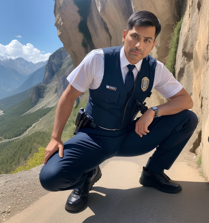 40 years old,One Man,Uniformed police officers,Cliff in the mountains、Squat with your legs wide apart、Hold a gun,logic,Gay ,Short Hair、Stubble,Indian Face。Handsome、Fighting spirit、The crotch area is bulging。