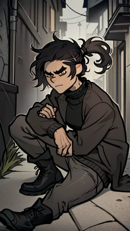 (detailed), (((normal guy))), (Arabic characteristics), ((gray wool jacket)), ((pelo negro rizado ponytail hairstyle)), ((ponytail hairstyle)), (calm face), ((by the width)), ((Brown boots)), (((whole body))), ((in a dark alley sitting on the ground)), ((male)), (gray turtleneck sweater), ((only one person)), (at night), seen in profile