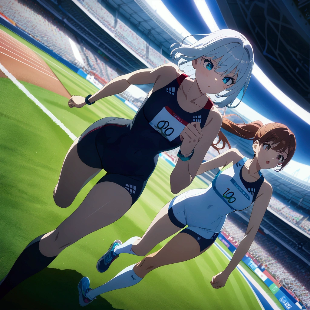 masterpiece, best quality, source anime, official art, 8k, ultra-detailed,very aesthetic, absurdres, perfect anatomy, dramatic angle, multiple girls, women athletes running 100meter, Olympic, outdoor, stadium, cinematic lighting, newest, Perfect Hands