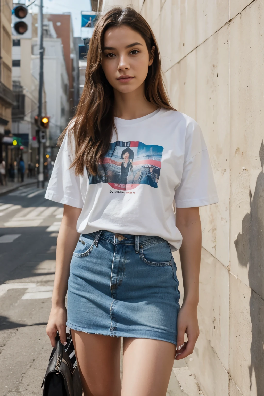 Generate a realistic, human-captured image of a person wearing a graphic tee paired with a jean skirt.