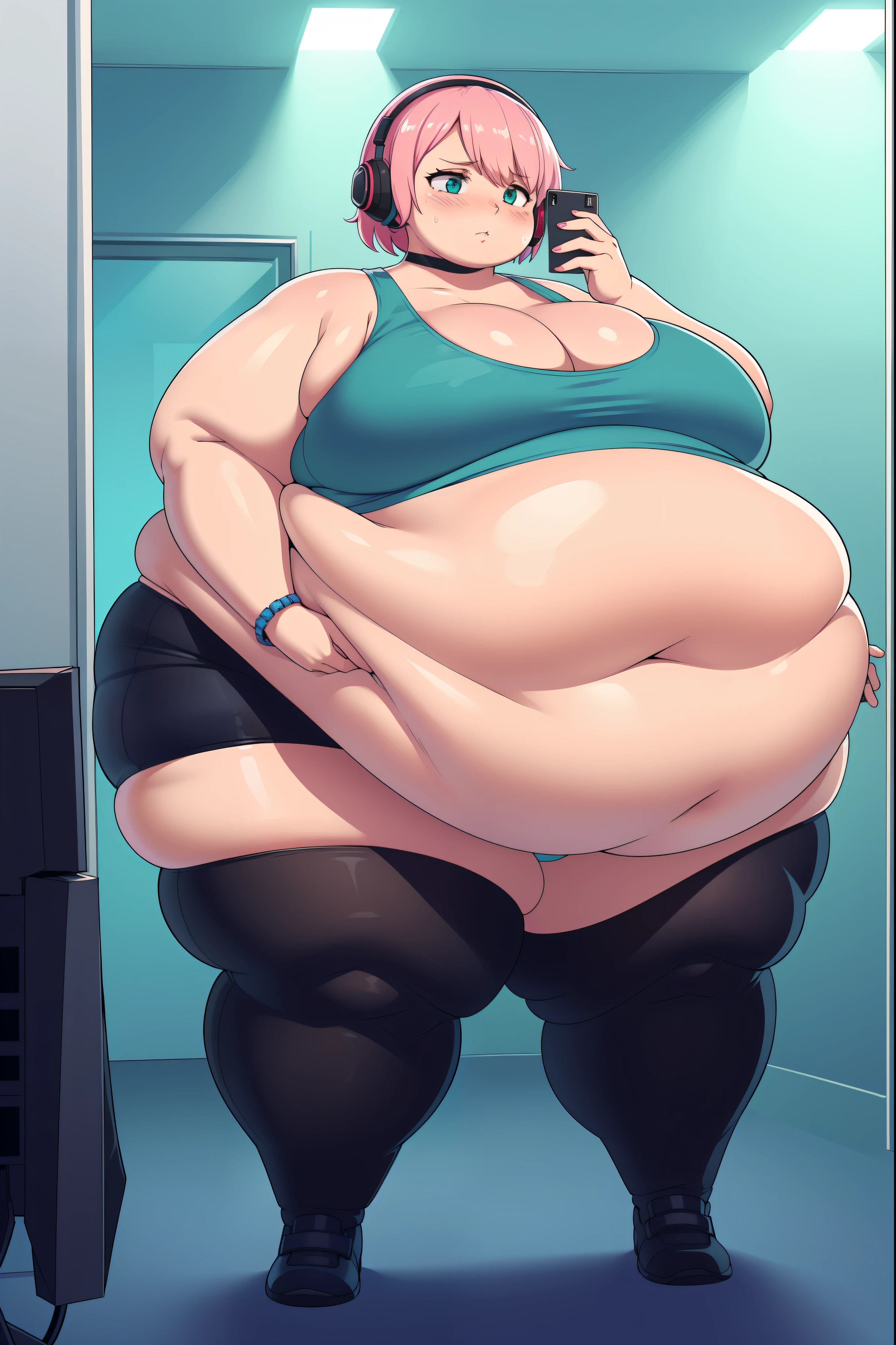 ((Masterpiece)), perfect anatomy, perfect shading, field of depth, (best quality), extremely delicate and beautiful, perfect lighting, detailed face, ultra cute face, cute, full body, (((1girl))), (((solo))),
gamer girl, short hair, fluffy hair, pink hair, hair covers one eye, green eye, ((blush))), embarrassed, (lack tank top 1.2), (panties 1.2), headset, thigh highs, choker, extremely tight clothes, medium breasts, cleavage, perky breasts,, fat rolls, belly hang, she has a jiggly belly, morbidly obese
gaming pc, neon lights, messy room, taking a selfy, intricate background, detailed background,