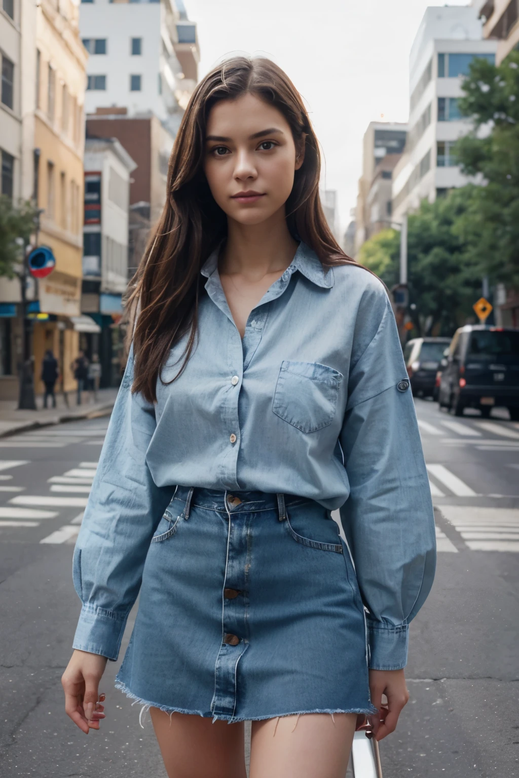 Generate a realistic, human-captured image of a person wearing a button-up shirt paired with a jean skirt.