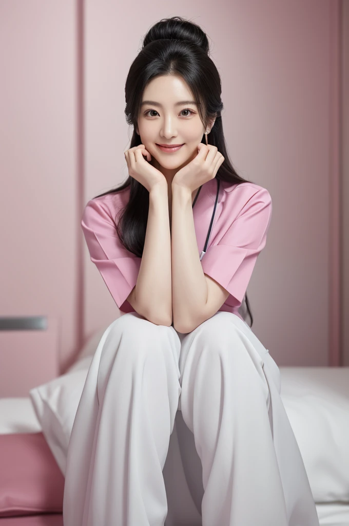 masterpiece,best quality,4k,(full shot),1girl, (hands under chin:1.4), smiling beautiful Japanese female nurse wearing pink nurse uniform, hourglass, slim, beautiful detailed face, black hair, pale skin, fair skin, realistic skin, detailed cloth texture, detailed hair texture, Perfect proportion, accurate, Anatomically correct, Highly detailed face and skin texture, modern hospital room, photorealistic, looking at viewer