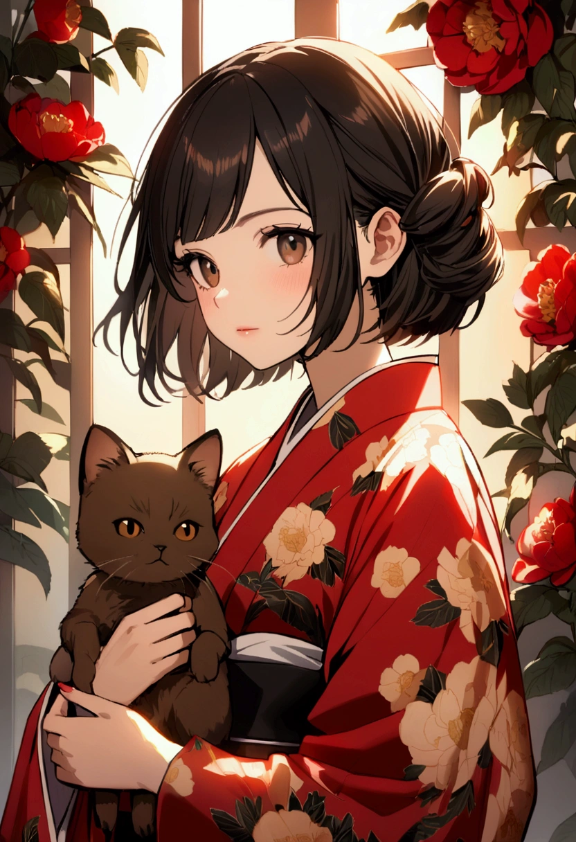 A girl in her 20s wearing a red floral kimono is holding a brown kitten　Her hair is black and short bob　Gorgeous peony flowers in the background