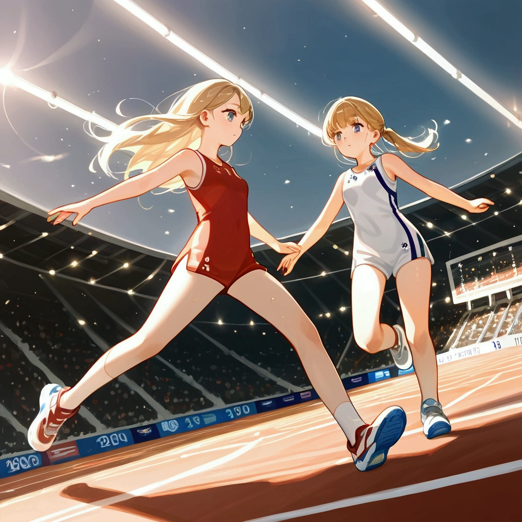 score_9, score_8_up, source anime, official art, 8k, ultra-detailed,very aesthetic, absurdres, perfect anatomy, dramatic angle, multiple girls, women athletes running 100meter, Olympic, outdoor, stadium, cinematic lighting, newest, Perfect Hands