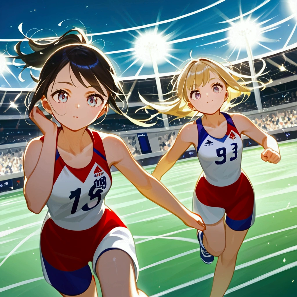 score_9, score_8_up, source anime, official art, 8k, ultra-detailed,very aesthetic, absurdres, perfect anatomy, dramatic angle, multiple girls, women athletes running 100meter, Olympic, outdoor, stadium, cinematic lighting, newest, Perfect Hands