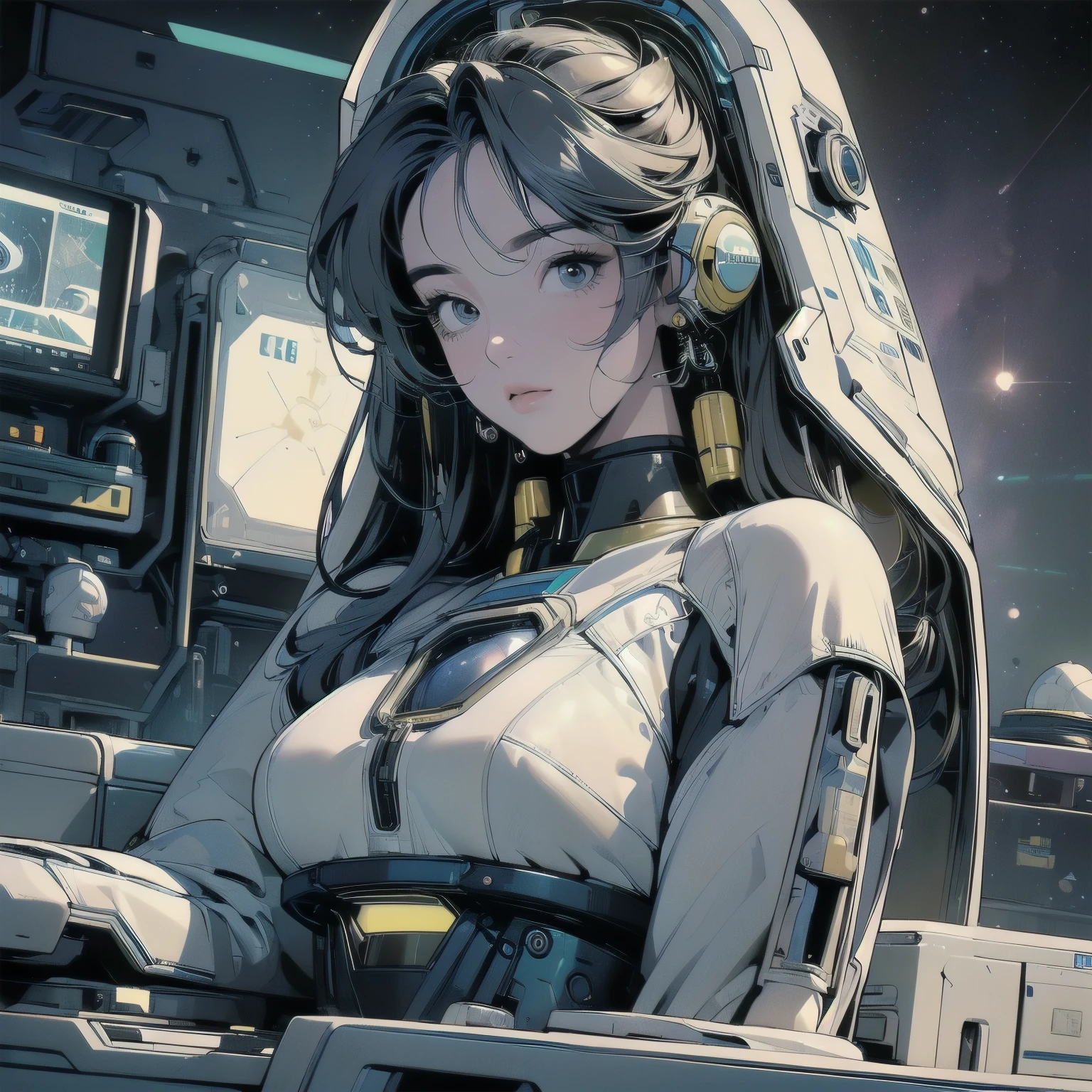 (((masterpiece, Highest quality)))、(((32K Wallpapers)))、The most detailed machine、(((The most complete and detailed yellow futuristic machine with a woman)))、The most detailed background、(((Flat Chest)))、(((Surrounded by many complex, sophisticated, futuristic machines)))、head shot,((((more various angle))))、A perfect machine、(((Completed and detailed beautiful face)))、(((The most complete machine of the future)))、Detailed Hair、anime、mysterious、(((Dull colors)))、(((Complete detailed futuristic space suit)))