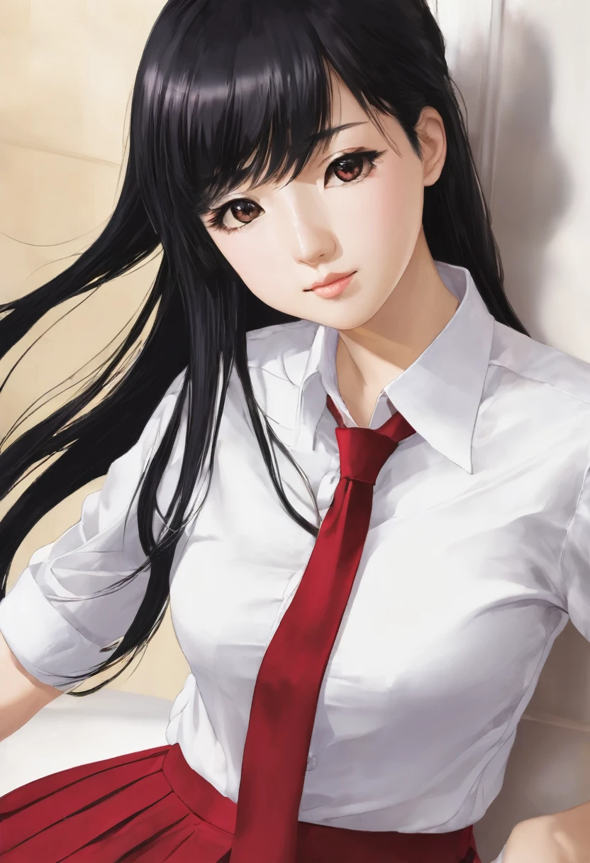 gorgeous 19 y.o. girl,gorgeous girl, score_9,score_8_up,score_7_up,source_anime,masterpiece,best quality, ((black hair)),make up, opened eyes, black eyes, t, ((woman hugging a skinny asian man with long hair,)), skinny asian man,(1 skinny asian man),photo,woman wear white shirt and red tie,red skirt