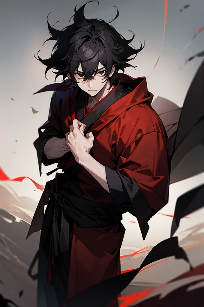 1male, black hair, messy hair hanging over face, black eyes, somber expression, black yukata with red accents, foggy background, hands to side, detailed face, standing on path
