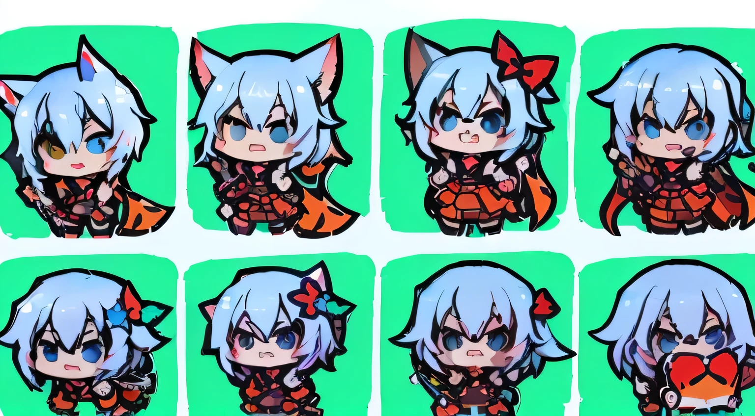 a close up of a cartoon character with different expressions, Watercolor Clay Figure, Various postures, Unused stickers, Game Art!!, Various posturess, miHoYo Art Style, Anime cute art style, cheer up, The style is like Nendoroid, Desire Personality, 2D Game Fanart, Lovely!! Red Cliff!!! Catwoman, Fleet Collection Style