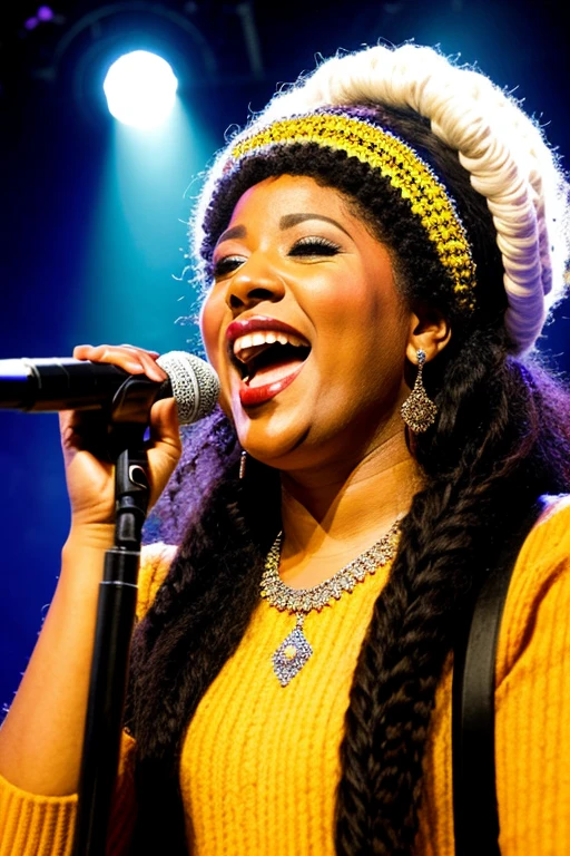 Lady Woolly holds the microphone and sings in front of many people..