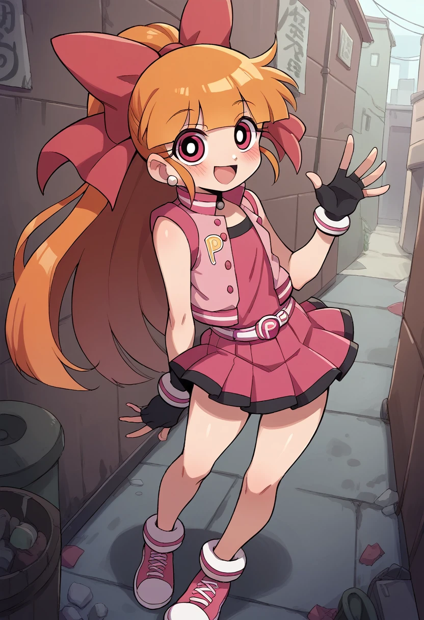 akazutsumi_momoko, black fingerless gloves, pink vest, orange hair, long hair, ribbon, pink skirt, pink shoes, alley, half-closed eyes, looking at viewer, blushing, smile, waving hand, one arm behind back, standing, thighs together, slim