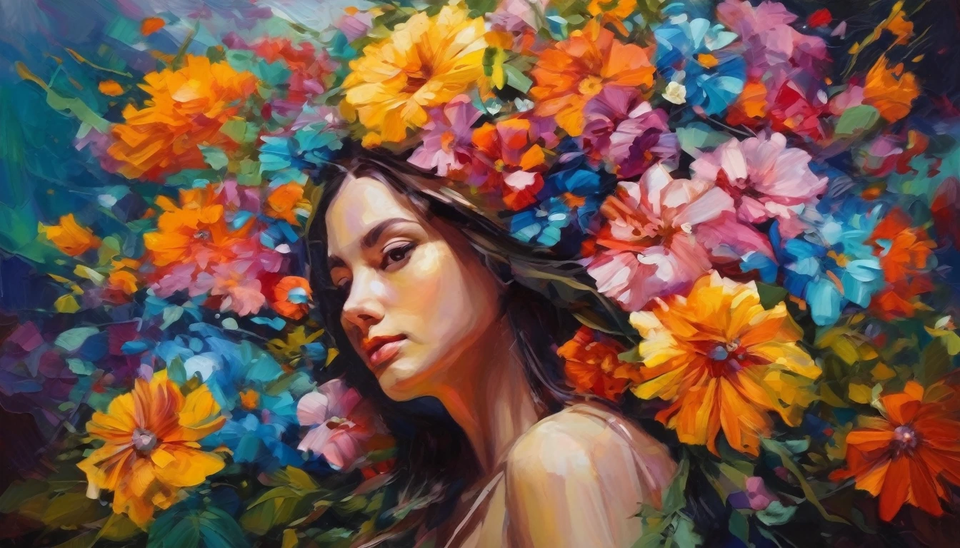 girl in flowers, colorful, oil painting, insane colors, oil colors, high quality, high detail