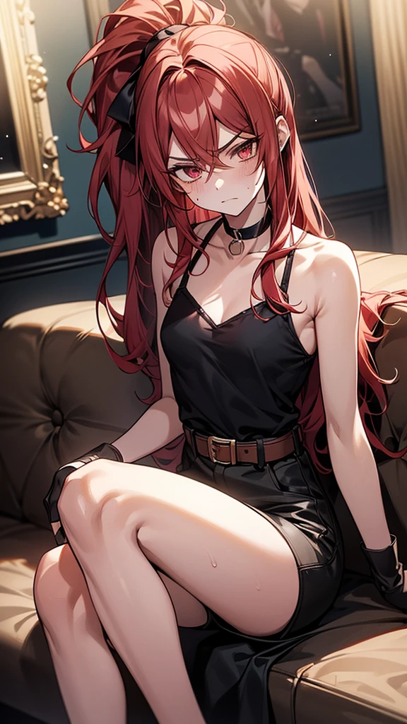 {{masterpiece}}, {{{Highest quality}}},{{Very detailed}},{{{from below}}}、{{{View from below}}}、{{{Low - Angle}}}、Leg spread、Spread your legs,{{Mature woman with long red hair in a ponytail sitting on a black bench}}Shorts,Red Belt, Black choker、 black fingerless gloves,Small breasts Thin legs camisole,Focus on legs{{A mature woman with a serious expression sitting on a black bench in the waiting room of a match}}},{{疲労でSweatをかいている成人女性}},Sweat,Hold the arm with one hand ,sit,{{Blushing}},{{V-shaped eyebrows}}},{{{}},{ベンチにsit}},{},, ,{{}},,,{{}},{{}},,Slender body}}{}},,blush,Wrinkles ,amount,Grit your teeth,suffering,v-shaped eyebrows.,Sweat dripping ,get annoyed,,Inside the waiting room,