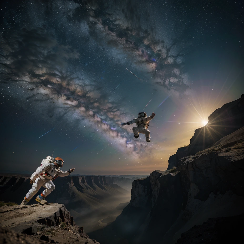 astronaut and his dog, jumping from a cliff into a multi-colored colorful galactic spiral