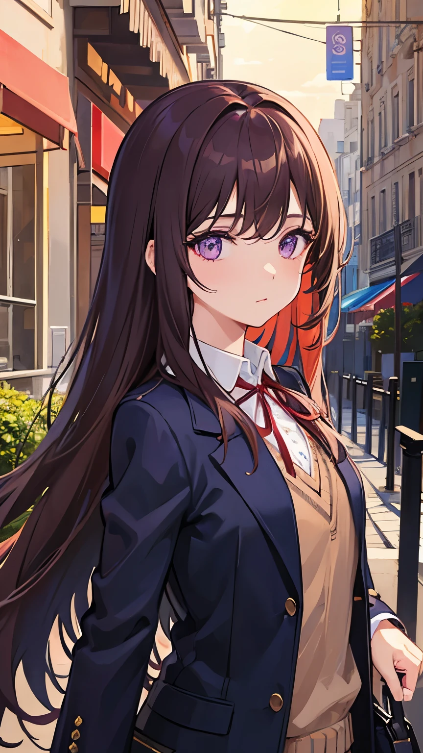 Streets of Paris、Paris Collection、high resolution、Brown Hair Long Hair、Purple eyes、Navy blue blazer with red ribbon、dark in tone, Vibrant colors、Bust up shot, Delicate painting、--s 400