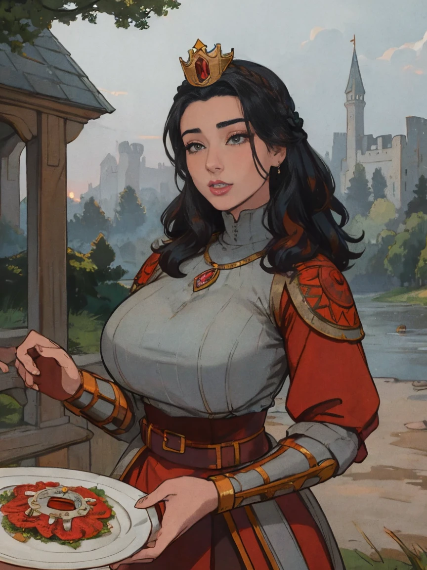 Gorgeous and sultry busty athletic (thin) brunette queen with sharp facial features wearing a modest updo, crown braid, ornate ceremonial (Medieval plate armor), dark red tunic, dark red hauberk, silver medieval armor, long sleeves, intricate patterns, filigree, gauntlets, gloves, pauldrons, breastplate, crown, silver belt, (waist chain), medieval jewelry, Middle Ages, castle, rampart, wall, exterior, on top of a castle wall, trees, countryside, evening, sunset.