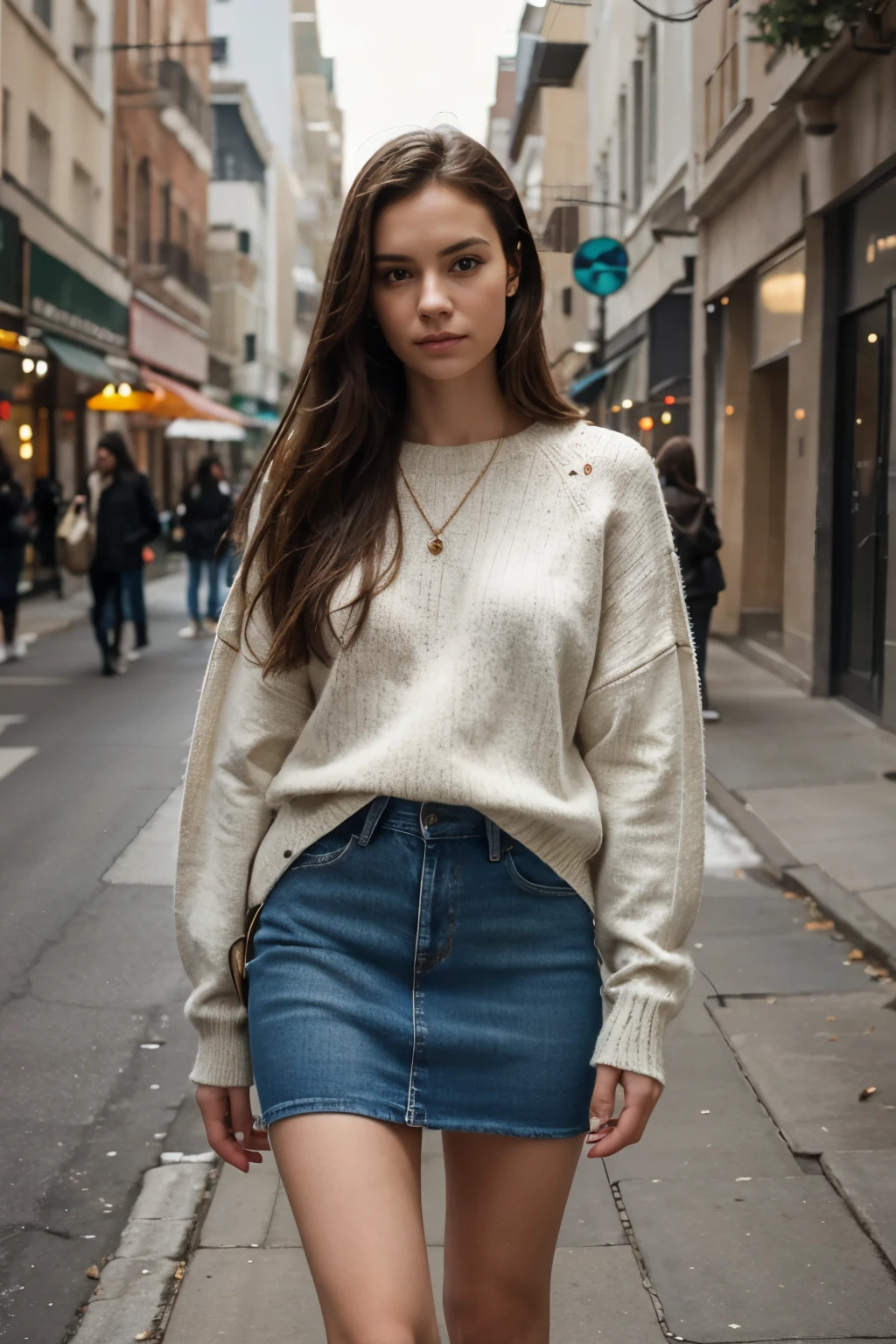Generate a realistic, human-captured image of a person wearing a sweater paired with a jean skirt.