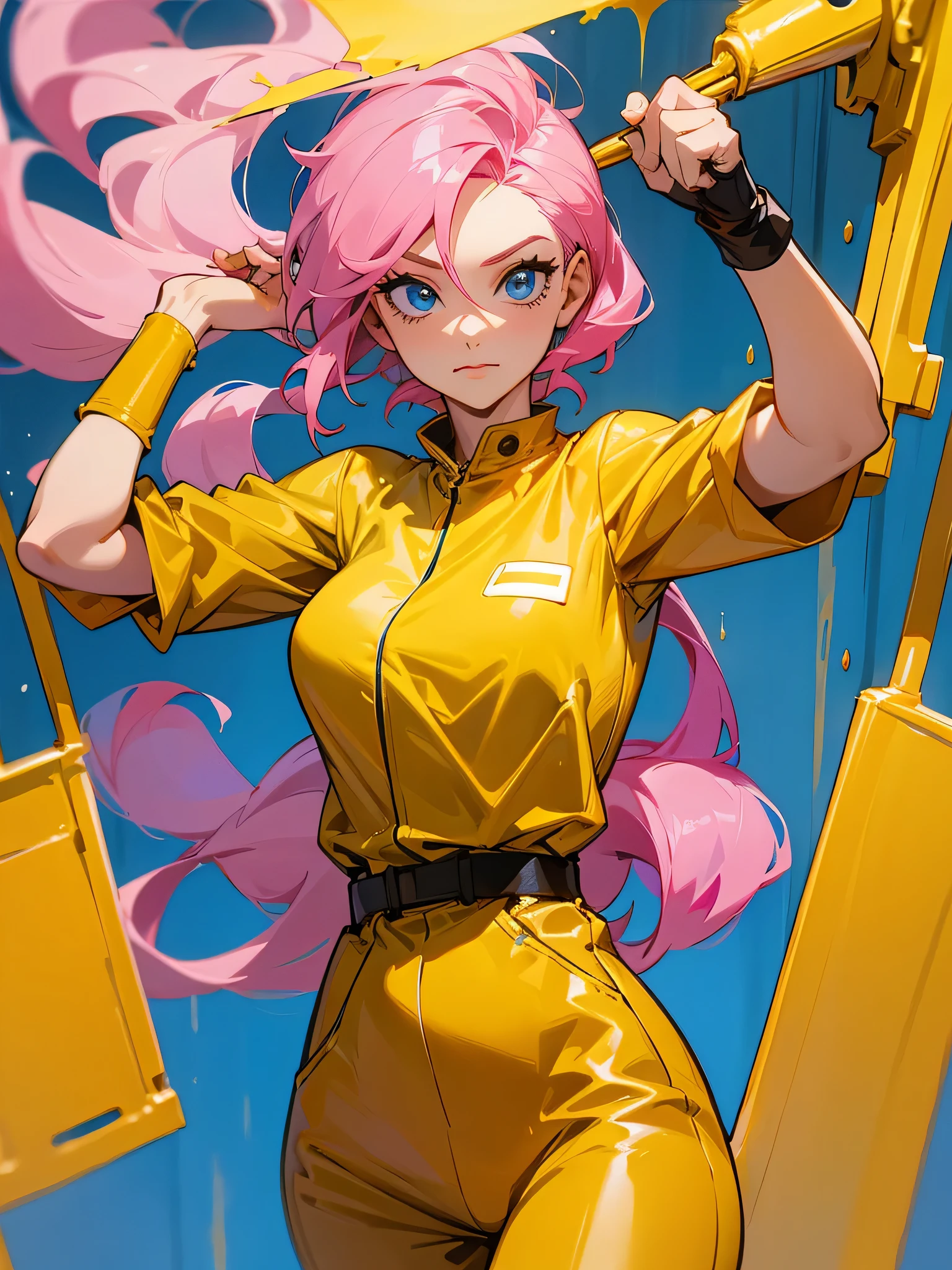 Mature woman , Hero Pose, Big Pink Hair, Shining blue eyes, Wearing a mustard jumpsuit. Hero Pose, 35 years old, Escape from the old squeegee