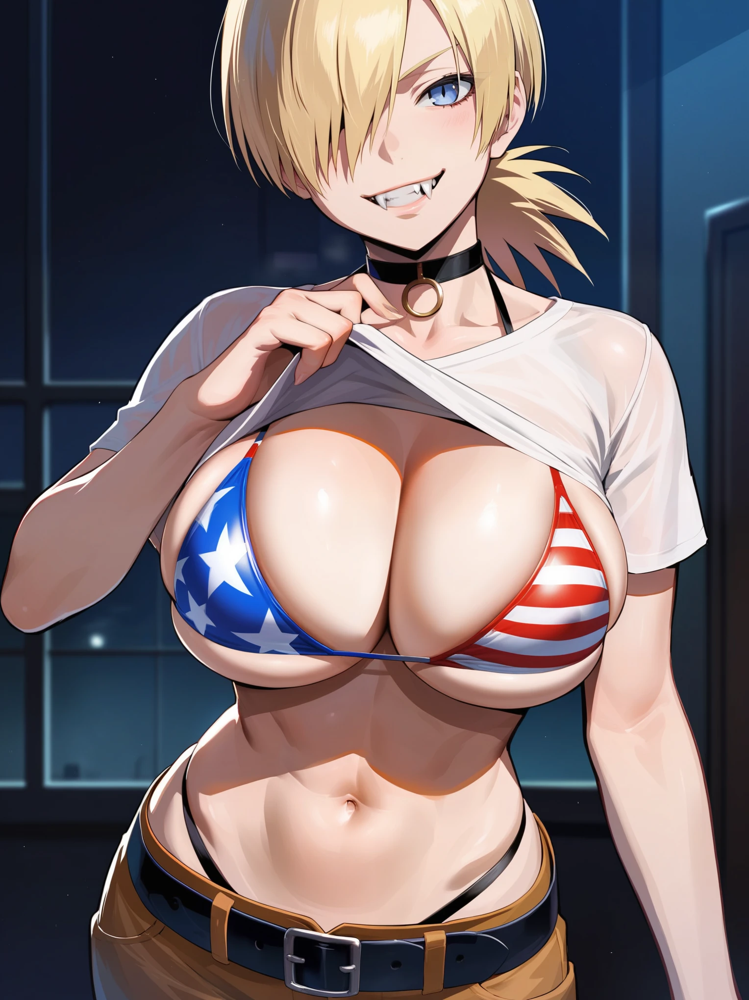 score_9, score_8_up, score_7_up, score_6_up, source_anime, 1girl, standing, hellsing, seras, blonde hair, indoors, night, night sky, nighttime, vampire, smirk, fangs, ikuchan, huge breasts, looking at viewer, faceless, standing, 1girl, raceplay, smug, faceless, navel, head out of frame, solo focus, choker, solo focus, standing, solo, ((tiny waist)), ((femdom)), hair over one eye, toned, lean, abs, crop top, knotted crop top, knotted shirt, American flag bikini, knotted bikini