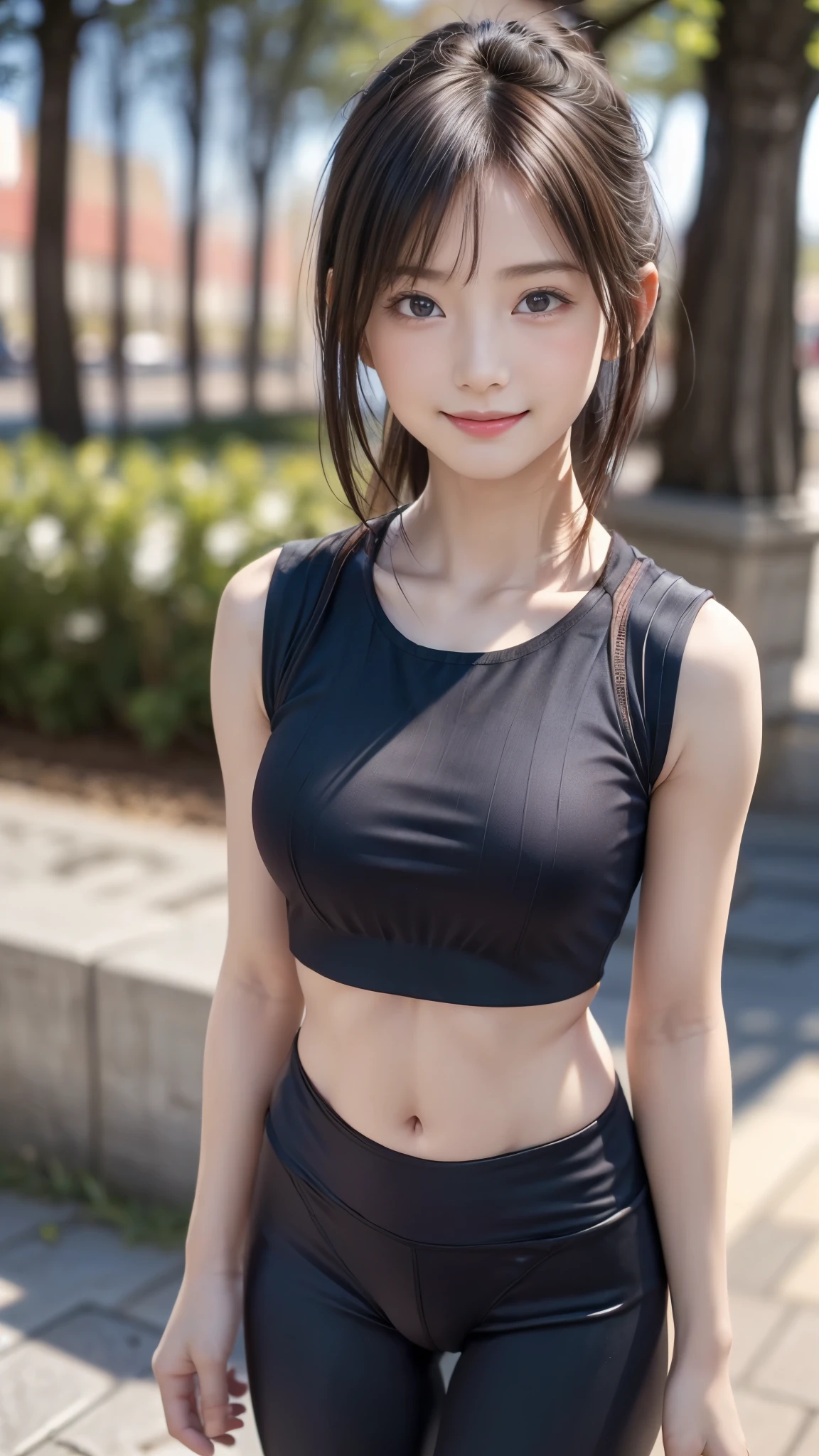 ((One beautiful girl:1.2)), very cute, Great face and eyes, (Beautiful lovely smile), (Very detailed美しい顔, Baby Face:1.2), Bright and shiny lips, Sexy look, Keep staring at me, (Standing in the park in a cute crop top and leggings:1.3), Smooth Skin, Thin thighs, Small beautiful butt, Narrow waist, so beautiful, Charm, (Highest quality:1.4), (super high quality), (Very detailed), (Ultra-realistic, Photorealistic:1.37), Real skin texture, Intricate details, Very detailed CG 統合 8k 壁紙, RAW Photos, Professional photography, Cinema Lighting,