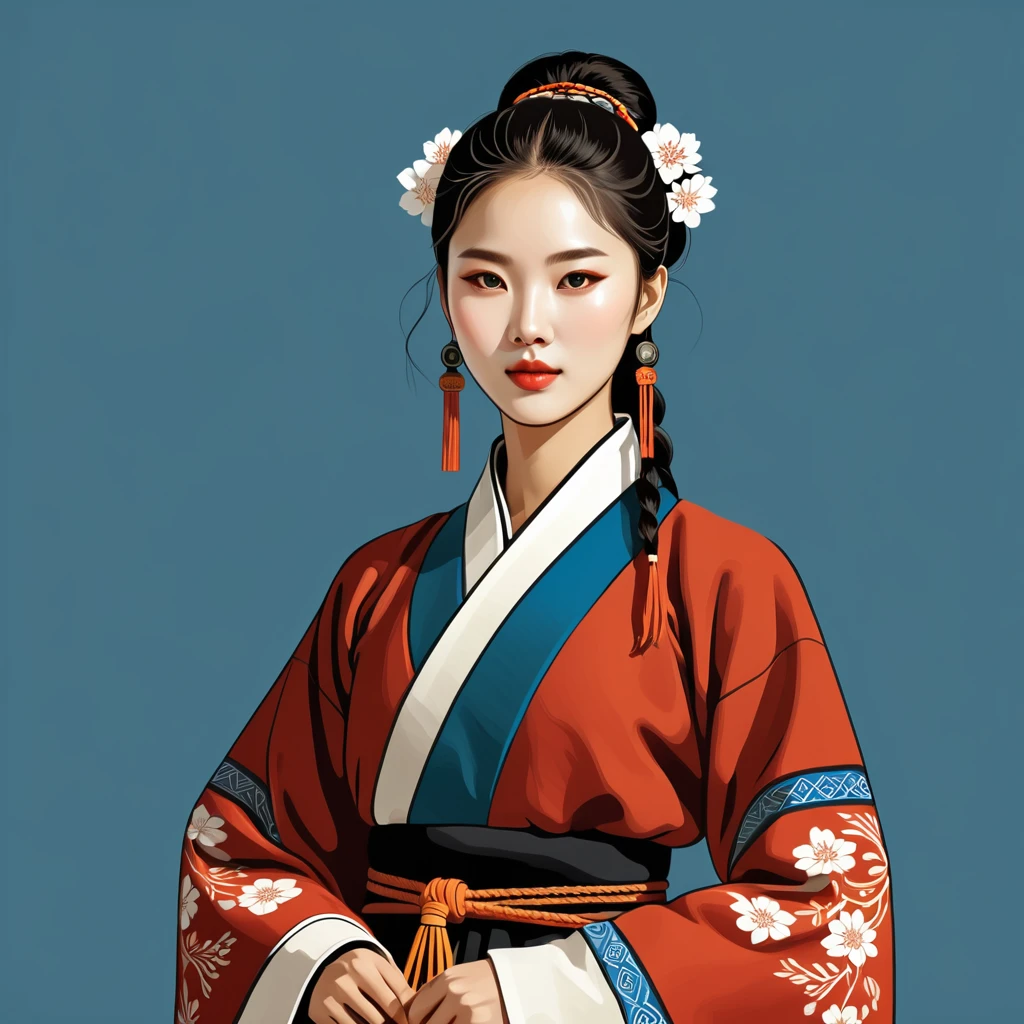 female	nomad	in korean folk outfit	,vector graphics, strong contours, logo design																						