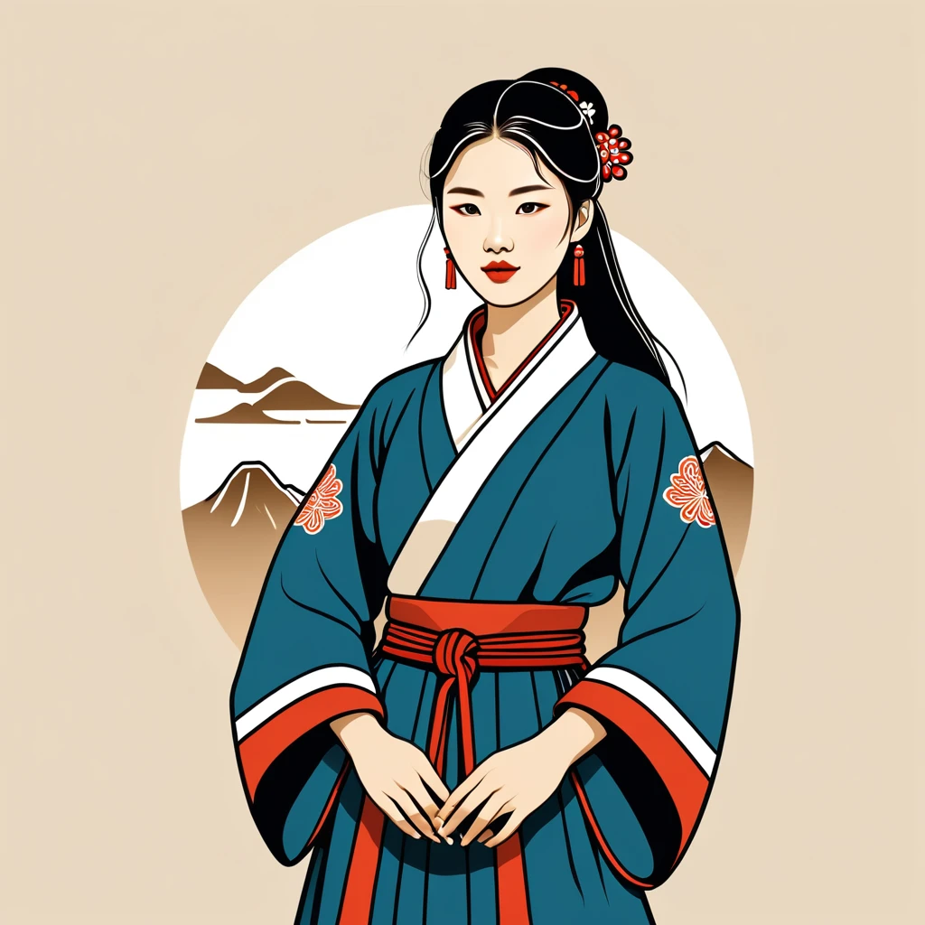 female nomad in korean folk outfit ,vector graphics, strong contours, logo design