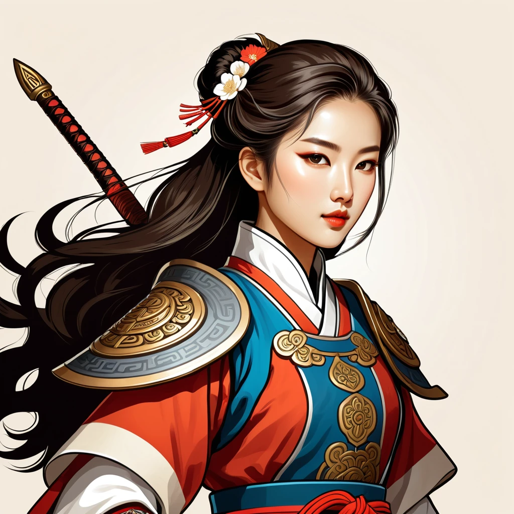 female	paladin	in korean folk outfit	,vector graphics, strong contours, logo design																						