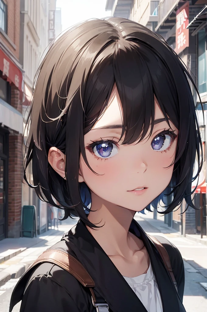 {masterpiece},{best quality},{1 woman}, cute, amazing, beautiful and delicate eyes, black eye, Short hair, black hair,in detail,depth of field,Highly detailed CG,original, very detailed wallpaper,upper body, looking at viewer