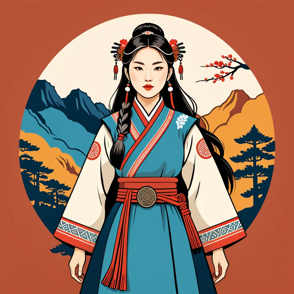 female	pathfinder	in korean folk outfit	,vector graphics, strong contours, logo design																						