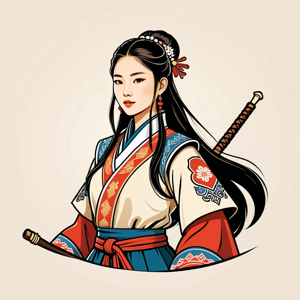 female	pathfinder	in korean folk outfit	,vector graphics, strong contours, logo design																						