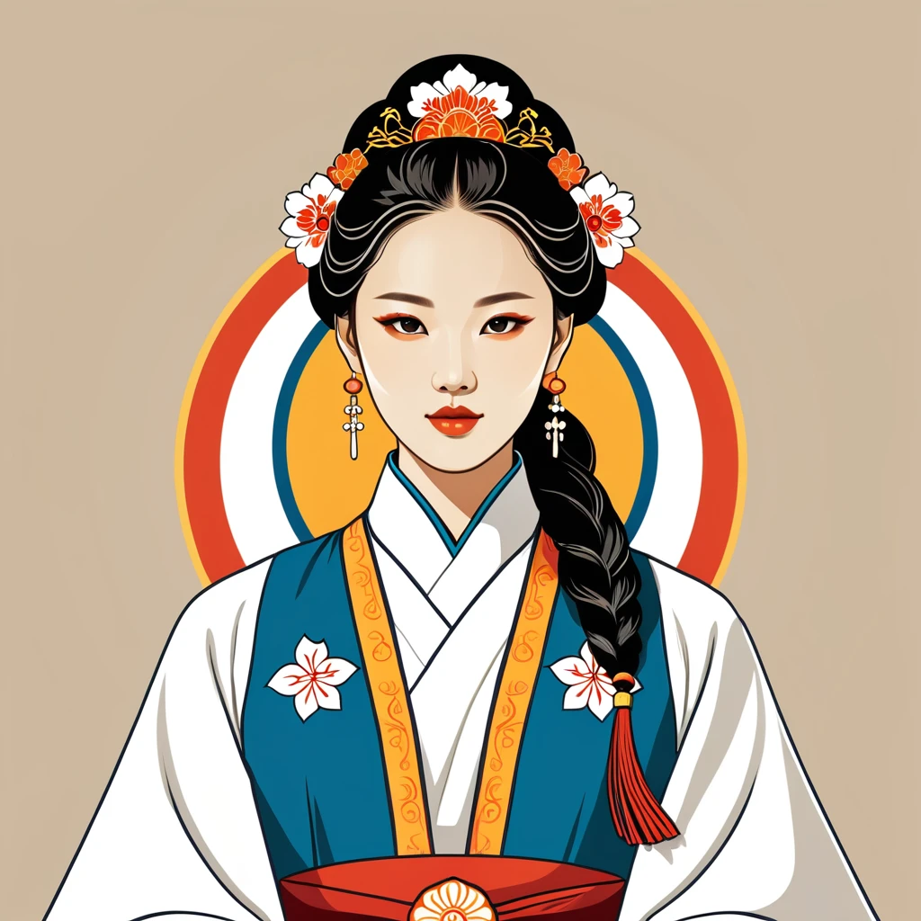 female priest in korean folk outfit ,vector graphics, strong contours, logo design