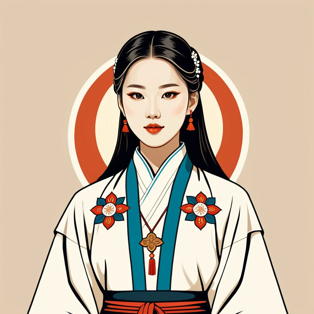 female	priest	in korean folk outfit	,vector graphics, strong contours, logo design																						