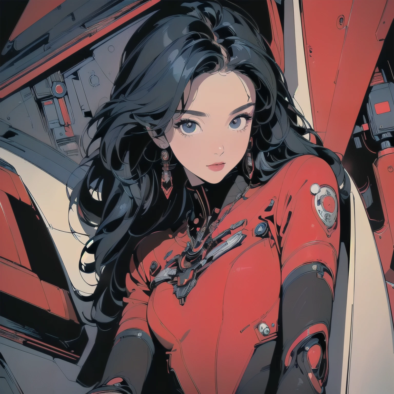 (((masterpiece, Highest quality)))、(((32K Wallpapers)))、The most detailed machine、(((The most complete and detailed red futuristic machine and a woman)))、The most detailed background、(((Flat Chest)))、(((Surrounded by many complex, sophisticated, futuristic machines)))、head shot,((((more various angle))))、((Overall colorfully))、A perfect machine、(((The most complete machine of the future)))、Detailed Hair