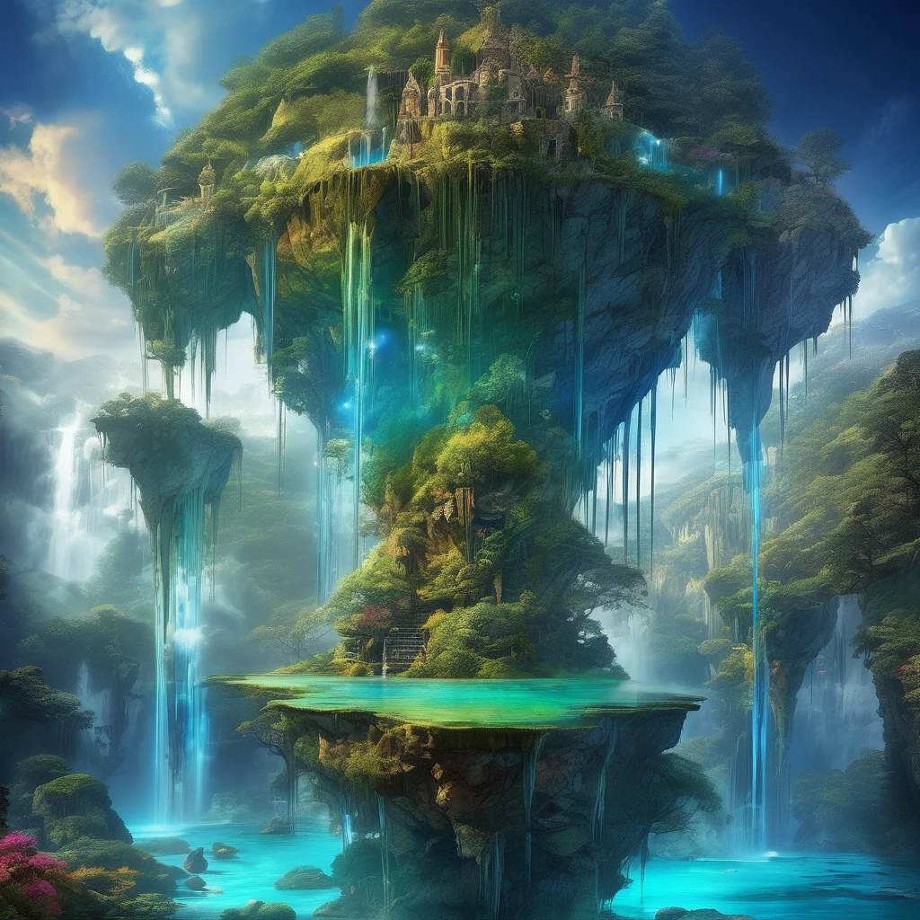 floating, floatingisland, landscapes, floating island, ethereal skies, lush vegetation, crystal-clear water, magical creatures, vibrant colors, surreal beauty, dreamlike atmosphere, soft sunlight, wisps of clouds, hidden caves, cascading waterfalls, ancient ruins, mystical aura, fantastical flora and fauna, tranquil serenity, enchanting landscapes, otherworldly charm